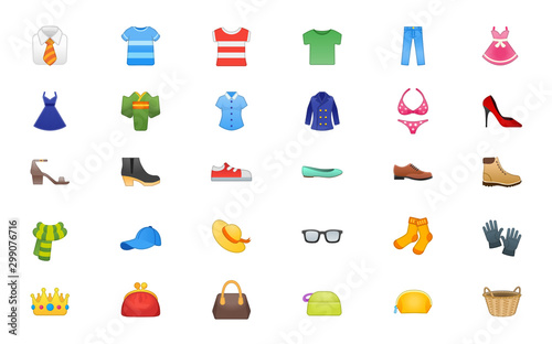 Clothes Vector Icons Set.  Isolated Fashion Realistic Emojis, Emoticons Collection