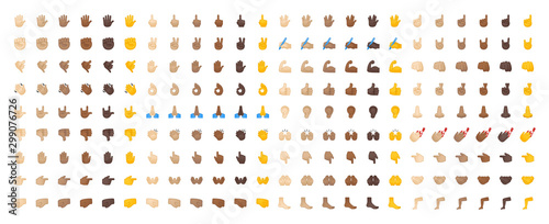 All hand emojis, stickers in all skin colors. Hand emoticons vector illustration symbols set, collection. Hands, handshakes, muscle, finger, fist, direction, like, unlike, fingers.