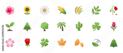 Nature, Plant Icons Vector Set. Trees, Flowers, Leaves Illustration Realistic Symbols, Emojis, Emoticons Collection