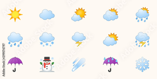 Weather Icons Vector Set. Temperature, Cloud, Sky Symbols Set. Sunny, Cloudy, Rainy, Stormy, Hot Degree Sun Illustrations