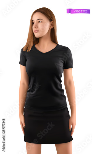Young girl in a black t-shirt. 3d realistic vector illustration