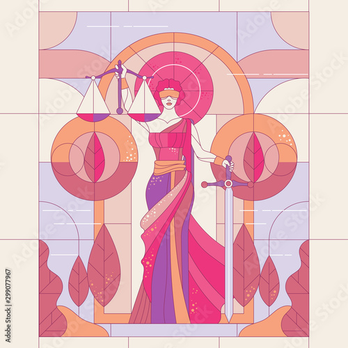 The goddess of justice Themis. Lady of justice Femida. Symbol of law and justice. glass painting illustration photo