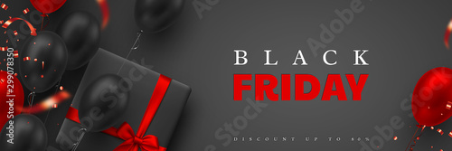 Black Friday sale banner. Red and black realistic glossy balloons, gift box and glitter confetti. Black background. Vector illustration.