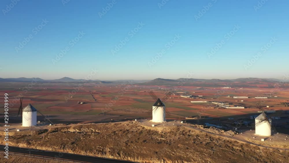 Drone view of a Windmills in Spain, La Mancha, Toledo
