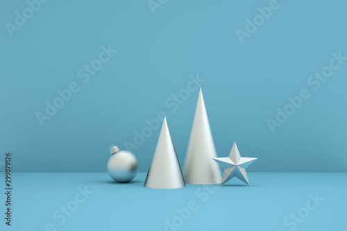 Merry Christmas and Happy New Year 3d rendering with xmas balls, stars, cone. Winter decoration, xmas minimal design