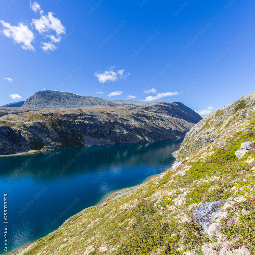 blue lake Rondvatnet in Rondane National Park Norway