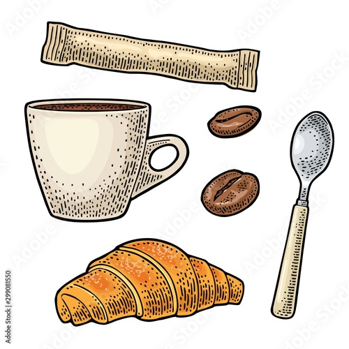 Set coffee. Sugar, beans, spoon, glass latte. Vintage vector engraving