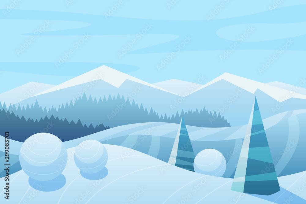 Mountains and sky landscape vector illustration. Snowy hills and spruces. Winter nature with forest. Wintertime, cold weather. Blue seasonal background. Frosty outdoor scene with snow
