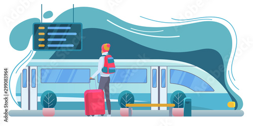 Traveler at railway station flat vector illustration. Tourist with backpack at platform cartoon character. Modern train. Backpacker with suitcase looking at departure board. Vacation, trip, journey