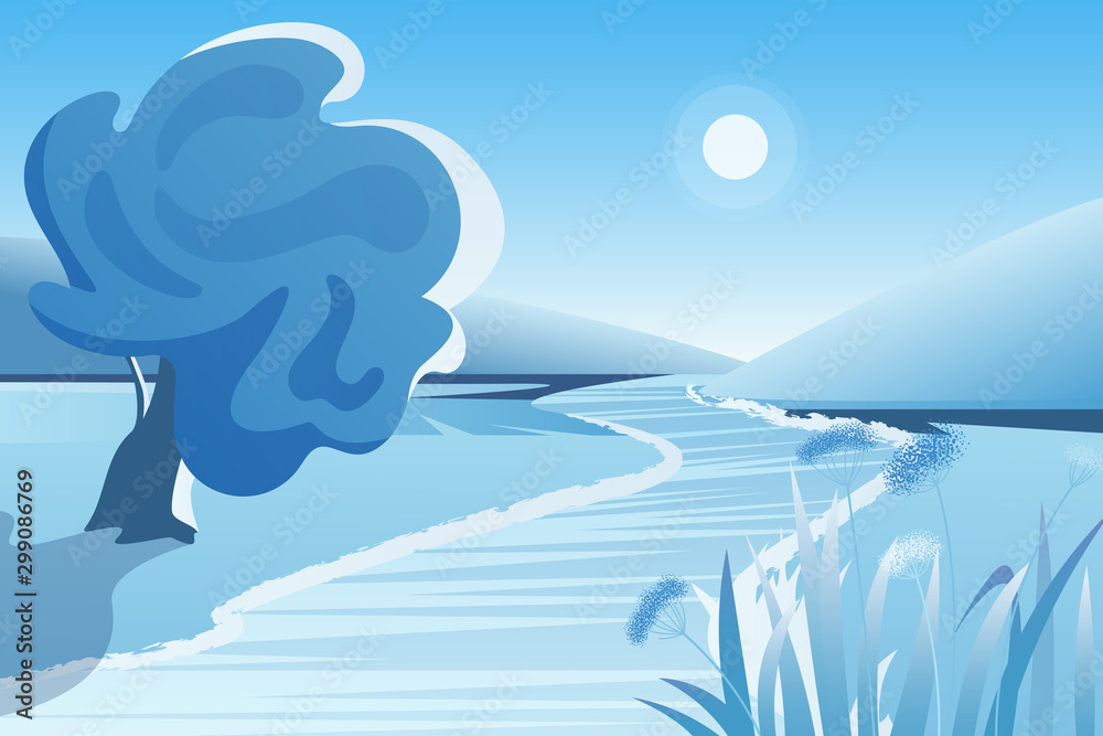 Winter river landscape vector illustration. Tree on snowy riverbank. Nature view in wintertime. Sunny frozen day. Cold weather. Blue seasonal background. Frosty outdoor scene with snow