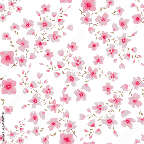 watercolor seamless repeat pattern with cherry blossom tree isolated on white, floral composition with pink flowers, sakura watercolor flowers