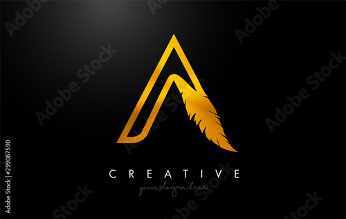 A Golden Gold Feather Letter Logo Icon Design With Feather Feathers Creative Look Vector Illustration