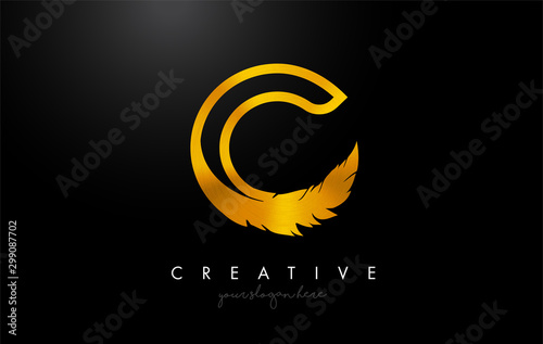 C Golden Gold Feather Letter Logo Icon Design With Feather Feathers Creative Look Vector Illustration