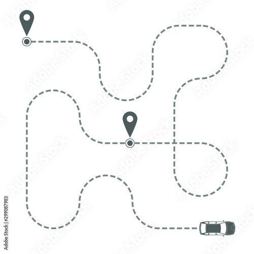 Route of the car in the form of a dotted line. Abstract grey car moving on its route on white background. Travel concept. Vector illustration