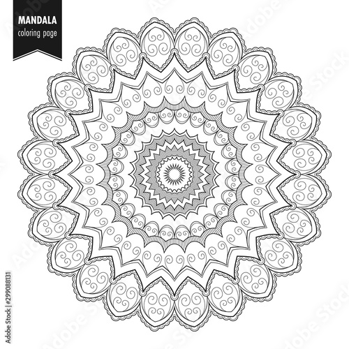 Decorative monochrome ethnic mandala pattern. Anti-stress coloring book page for adults. Hand drawn illustration