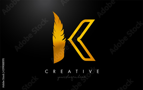 K Golden Gold Feather Letter Logo Icon Design With Feather Feathers Creative Look Vector Illustration
