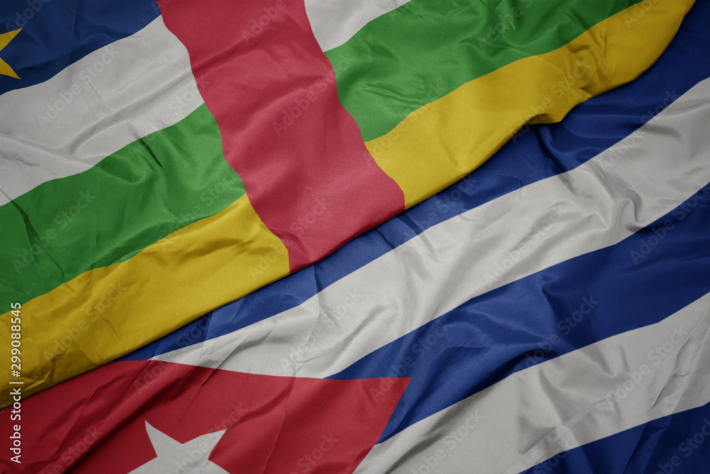 Fototapeta premium waving colorful flag of cuba and national flag of central african republic.