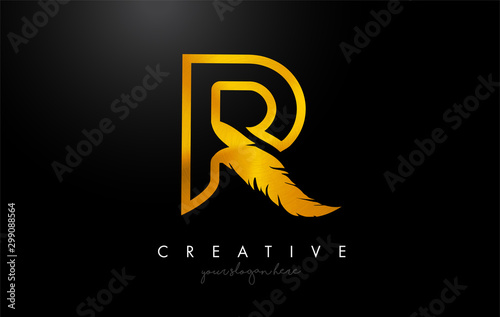 R Golden Gold Feather Letter Logo Icon Design With Feather Feathers Creative Look Vector Illustration