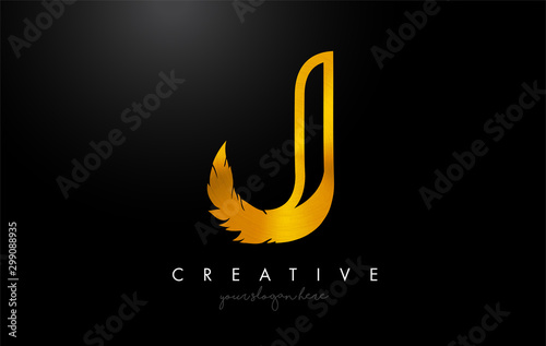J Golden Gold Feather Letter Logo Icon Design With Feather Feathers Creative Look Vector Illustration