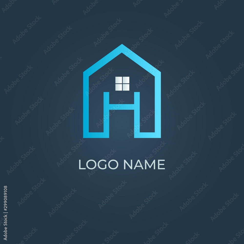 Blue home logo with letter alphabet H shape on isolated dark background Blue home logo with letter alphabet H shape on isolated dark background