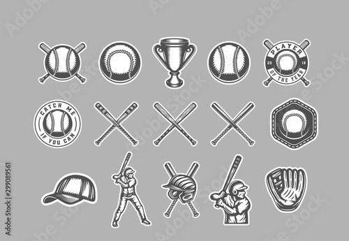 Vintage baseball sport stickers logos, emblems, badges, marks, labels. Monochrome Graphic Art. Illustration.