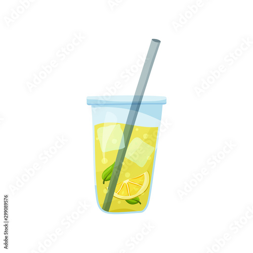 Glass of lemonade with ice cubes, lemon slices and mint leaf on white background. Flat food illustration. Cartoon hand drawn cold drink. Isolated vector icon of Long Island Iced Tea