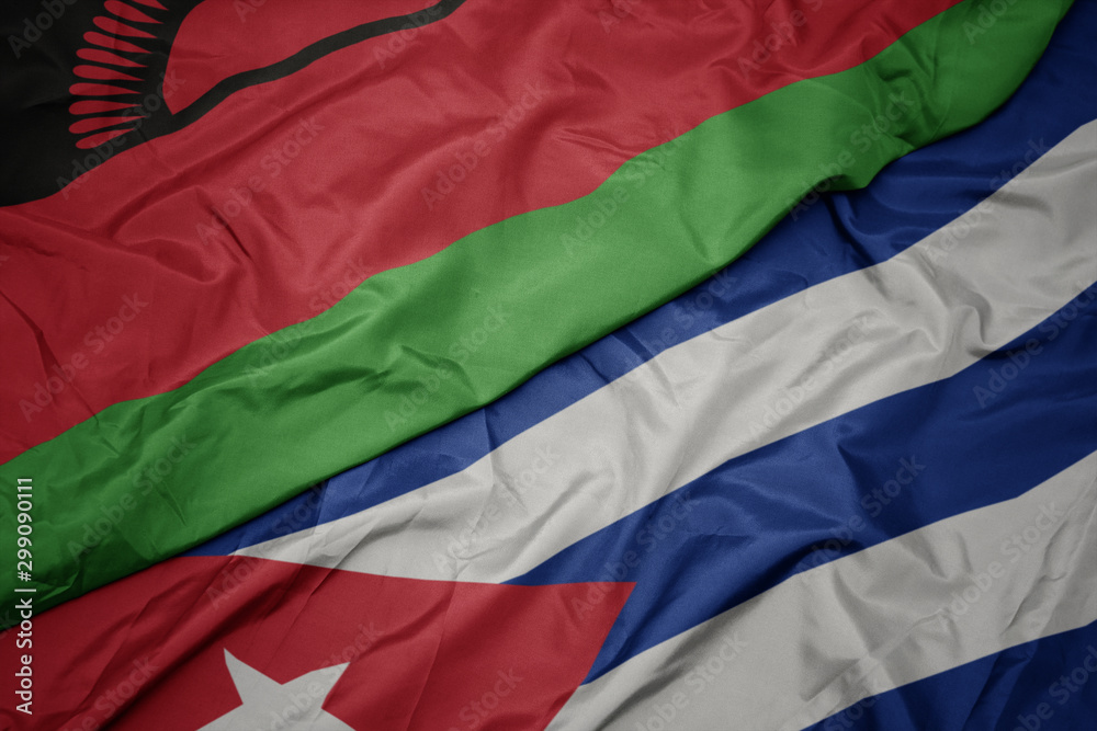 waving colorful flag of cuba and national flag of malawi.