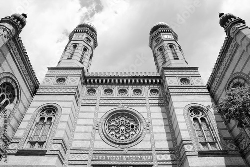 Budapest synagogue. Black and white retro style.