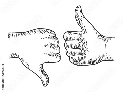 Thumb down and up recommend hand gesture sketch engraving vector illustration. Recommend. Scratch board imitation. Black and white hand drawn image.