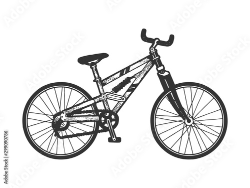 Mountain bike sport bicycle sketch engraving vector illustration. T-shirt apparel print design. Scratch board style imitation. Hand drawn image.