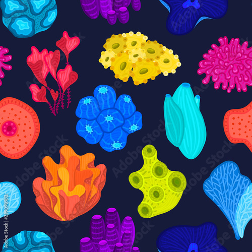 Vector seamless pattern with corals. Background with colorful sea or ocean life. Underwater world. Design for attributes of water park, aquarium. Wrapping paper, package, wallpaper, textile, label