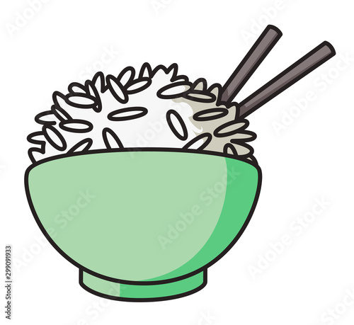 Illustration Green Rice Bowl with two chop sticks. Isolated on white background