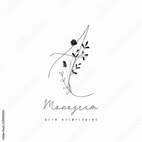 Vector Hand Drawn Rustic Floral Logo Monogram