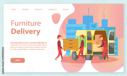 Furniture delivery vector, people carrying chest of drawers and bought wooden products in lorry, . Transportation and shipping of goods in car. Website or webpage template, landing page flat style