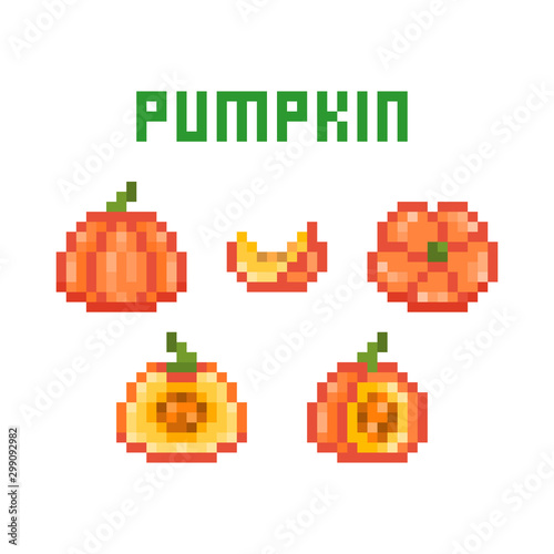 Set of pixel art round orange pumpkins  uncut  cut in half  sliced  isolated on white background. Collection of 8 bit vegetable icons. Old school vintage retro 80s-90s slot machine video game graphics