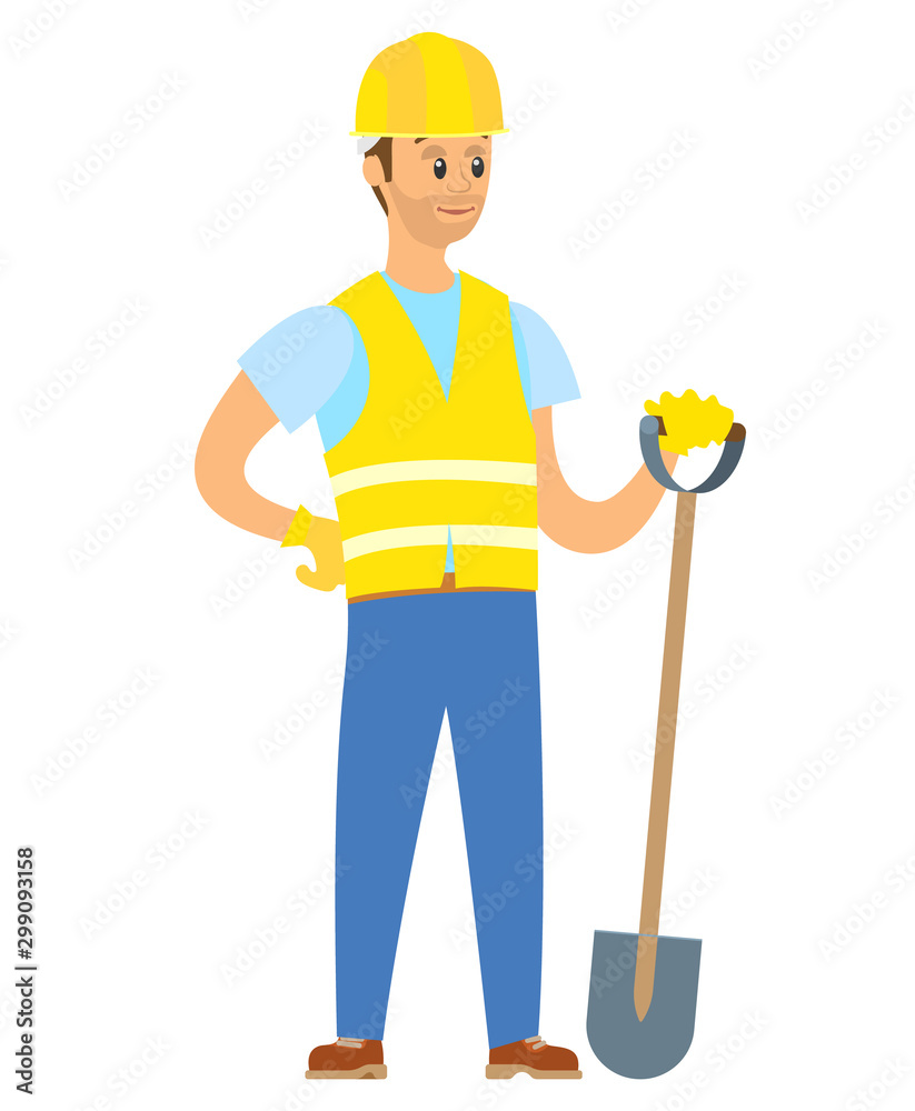 Person with shovel working on construction of building, male wearing special clothes and protective helmet, isolated male character with spade. Vector illustration in flat cartoon style Person with shovel working on construction of building, male wearing special clothes and protective helmet, isolated male character with spade. Vector illustration in flat cartoon style