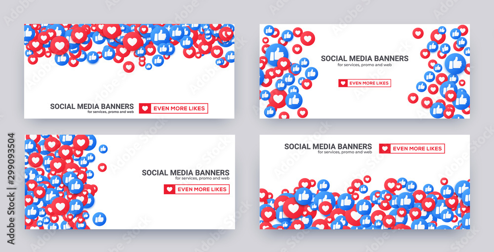 Like banner set, Bunch of like and appreciate emoji icons background, thumb up stream social network. Heart and thump icons for love and respect. Vector illustration in 3d style.