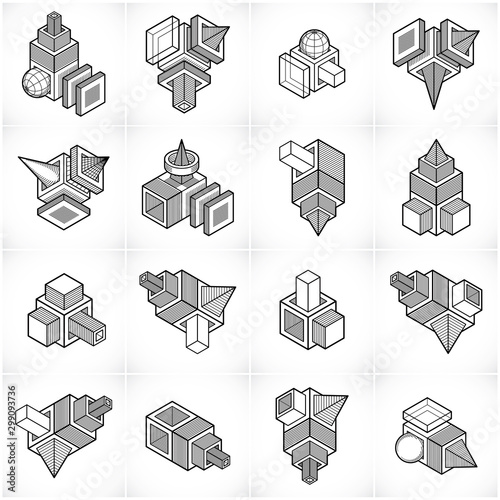 3D designs, abstract vector shapes set.