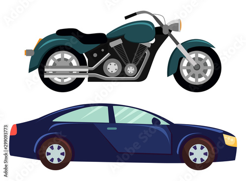 Sport car isolated transportation. Vehicle transport of cool modern type and shape. Motorbike and bike with seat, lorry. Buy new car and moto bike. Vector illustration in flat cartoon style © robu_s