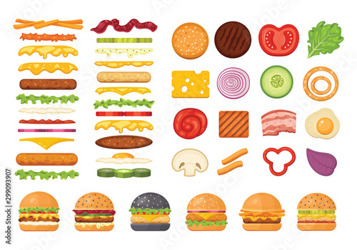 Big set of vector ingredients for burger and sandwich top view and front. Elements for different burgers isolated on white backgroud. Fastfood hamburger maker with flying ingredients.