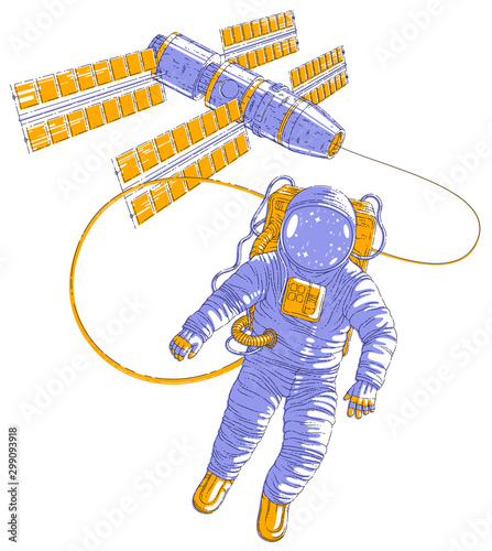 Astronaut flying in open space connected to space station, spaceman in spacesuit floating in weightlessness and iss spacecraft with solar panels behind him. Vector illustration isolated over white.