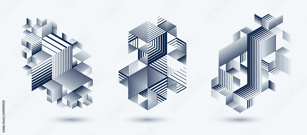 Naklejka Liniowe paski streszczenie wektor wymiarowe tła 3D zestaw z izolowanym elementem graficznym w stylu retro z kostkami i trójkątów. Szablony plakatów lub banerów, okładek lub reklam.