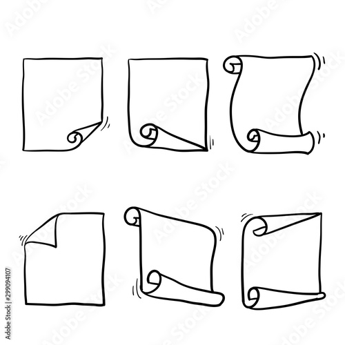 Curled paper and flip turn fold sheet illustration with handdrawn doodle style