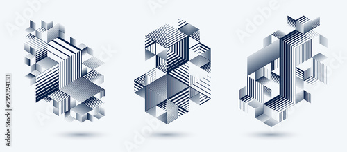 Linear striped abstract vector dimensional 3D backgrounds set with isolated retro style graphic element with cubes and triangles. Templates for posters or banners, covers or ads.