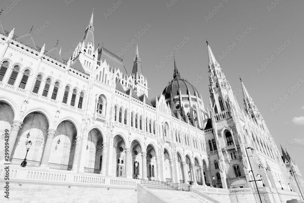 Parliament of Hungary. Black and white retro style.