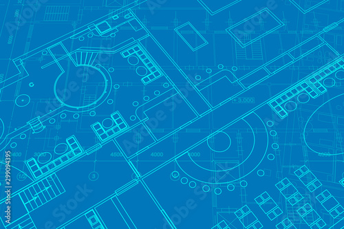 Architectural background with technical drawings. Site plan texture. House blueprint, drawing, part of architectural project.