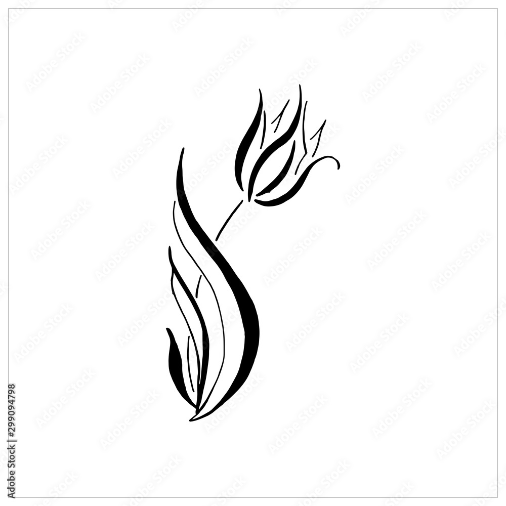 Flower. Black hand-drawn tulip. Vector, design element. Isolated on a transparent background. Blossom icon.