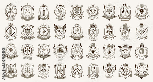 Fotografia, Obraz Vintage heraldic emblems vector big set, antique heraldry symbolic badges and awards collection, classic style design elements, family emblems