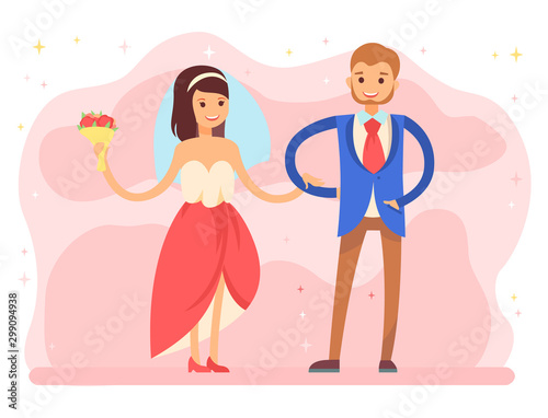 Bride and groom dancing on first wedding day, man and woman in love. People wearing clothes, bridal dress, lady with bouquet of roses flowers. Vector illustration in flat cartoon style