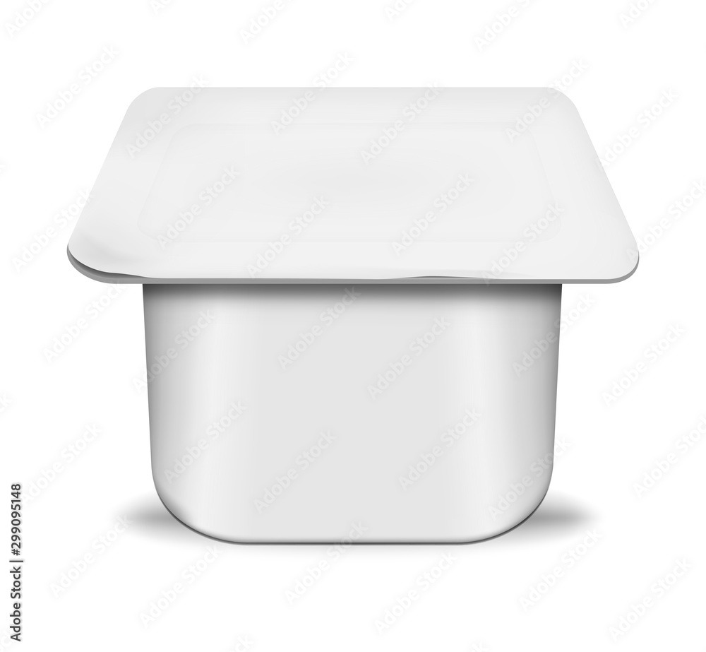 White blank plastic yogurt pot with peel off foil lid, realistic mockup. Yoghurt square cup, vector template